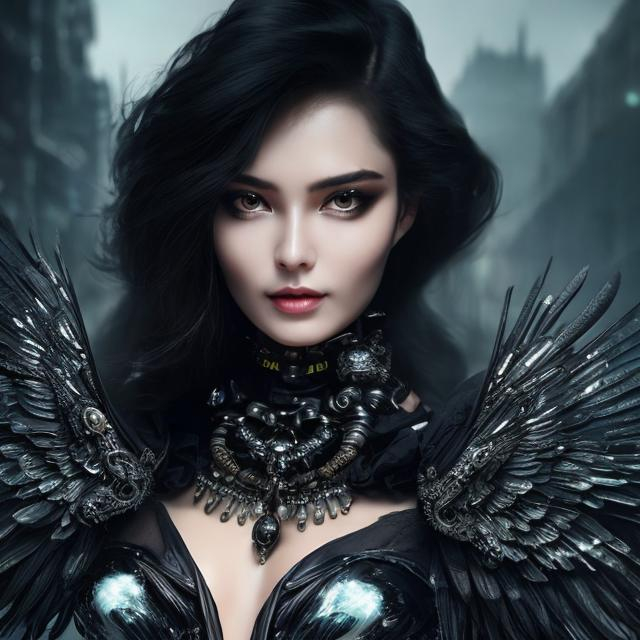 Dark sorceress, silk attire, piercing eyes, wings, w...