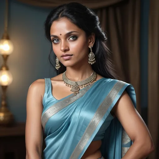 Prompt: Photorealistic image of an athletic woman, black hair, dark complexion, light blue eyes, Indian descent, about 33 years old, silk brocaded saree, beautiful, high quality, photorealism, fit, mysterious gaze, relaxed pose, detailed features, detailed clothing, elaborate clothing, silver jewelry, atmospheric lighting, glamour shot, glamorous, detailed hair