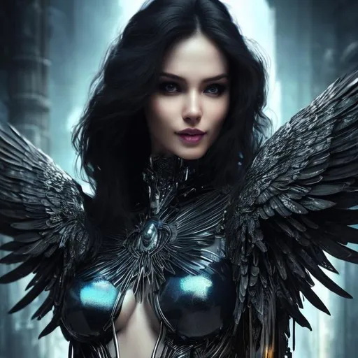Prompt: Dark sorceress, silk attire, piercing eyes, wings, witch, animal companion, mysterious, mysterious smile, high quality, ultra-detailed, futuristic-sci-fi, dark tones, atmospheric lighting, intricate details, ethereal wings, silk fabric, intense gaze, mysterious aura, enigmatic smile, futuristic style, full body