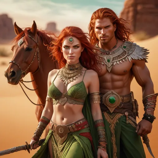 Prompt: High-res digital painting of a red-haired female warrior and men in love in a desert setting, intricate clothing with desert-inspired patterns, polyandry, powerful and confident stance, intense and captivating green eyes, enchanting smile, detailed weapons with ornate designs, warm desert tones, dramatic lighting, high-quality, digital painting, fantasy, polyandry, warrior, intricate clothing, green eyes, dramatic lighting
