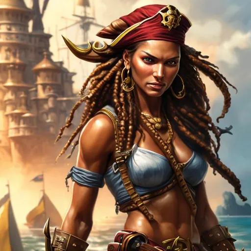 Prompt: Photorealistic illustration of a mischievous female pirate captain with a tan complexion, wearing weapons, high quality, detailed, vibrant colors, dynamic pose, lifelike, pirate, tan complexion, mischievous expression, detailed crimson clothing, gold jewelry, confident stance, atmospheric lighting, maritime setting