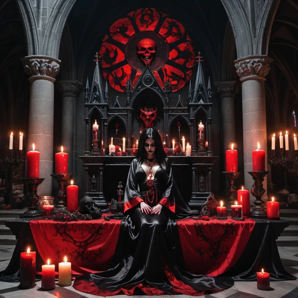 Prompt: A stone altar with a demonic woman lying on top, black & red silk robe, intricate attire, set in a Demonic cathedral, gothic atmosphere, blood, black & red jewelry, candles, skulls, Satanic, hellish lighting,