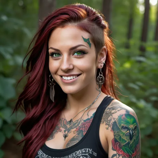 Prompt: Realistic portrait of a smiling woman with long dark red hair, vibrant green eyes, tattoos on arms and chest, athletic clothing, multiple piercings, 3/4 profile, hawk feathers in hair, photorealism, detailed hair, realistic eyes, intricate tattoos, athletic wear, multiple piercings, nose piercing, vibrant colors, high quality, photorealism, detailed shading, natural lighting, outdoor setting, forest background 