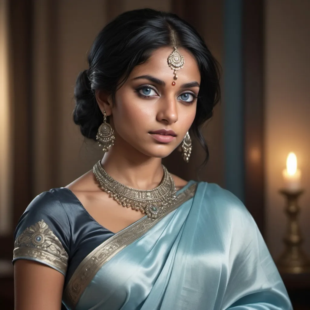 Prompt: Photorealistic image of an athletic woman, black hair, dark complexion, light blue eyes, Indian descent, silk brocaded saree, beautiful, high quality, photorealism, fit, mysterious gaze, relaxed pose, detailed features, detailed clothing, elaborate clothing, silver jewelry, atmospheric lighting, glamour shot, glamorous, detailed hair