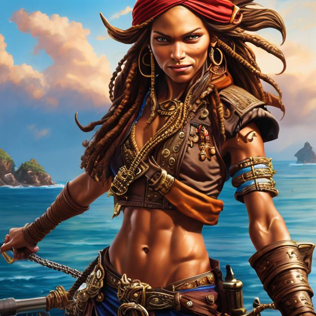 Prompt: Photorealistic illustration of a mischievous female pirate captain with a tan complexion, carrying a pistol, high quality, detailed, vibrant colors, dynamic pose, lifelike, pirate, tan complexion, mischievous expression, detailed crimson clothing, gold jewelry, confident stance, atmospheric lighting, maritime setting