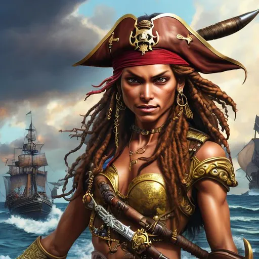 Prompt: Photorealistic illustration of a mischievous female pirate captain with a tan complexion, wearing weapons, high quality, detailed, vibrant colors, dynamic pose, lifelike, pirate, tan complexion, mischievous expression, detailed crimson clothing, gold jewelry, confident stance, atmospheric lighting, maritime setting