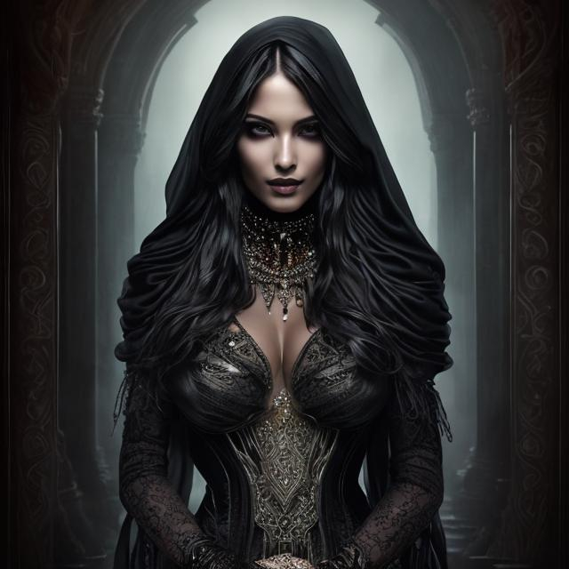 Prompt: Dark sorceress, silk attire, piercing eyes, witch, animal companion, mysterious, mysterious smile, high quality, ultra-detailed, dark tones, atmospheric lighting, intricate details, silk fabric, intense gaze, mysterious aura, enigmatic smile, photorealistic style, full body, legs, dress