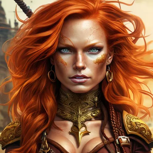 Prompt: Photorealistic illustration of a mischievous female redhead pirate captain with a tan complexion, wearing weapons, high quality, detailed, vibrant colors, dynamic pose, lifelike, pirate, tan complexion, mischievous expression, detailed crimson clothing, gold jewelry, confident stance, atmospheric lighting, maritime setting