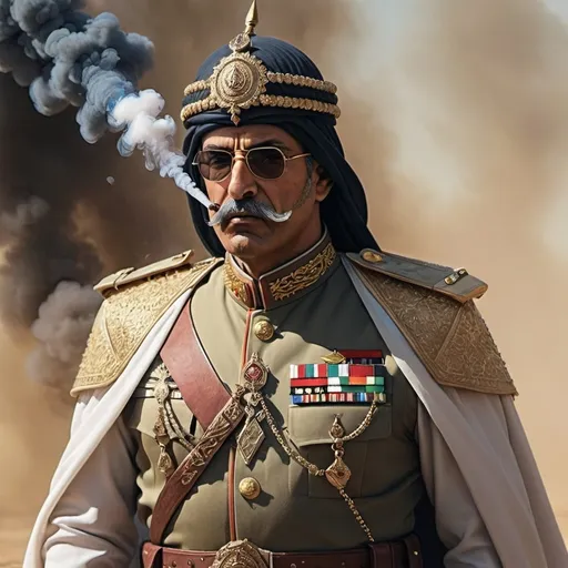 Prompt: A modern arab army general in army attire from as an elden ring boss using magical smoke powers