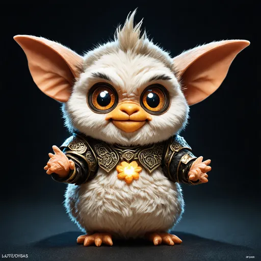 Prompt: (fantastical character: gremlin-furby hybrid), fierce and detailed armor, intricate engravings, metallic colors (gold, silver, bronze), small LED lights, fluffy with realistic fur texture, expressive ears, large shiny eyes with highlights, soft dramatic lighting, magical aura, gradient background white  black), small accessories (pendants, bracelets), varied facial expressions (curiosity, joy, determination), ultra-high resolution, capturing intricate details and textures, subtle special effects (light glimmers, floating particles).