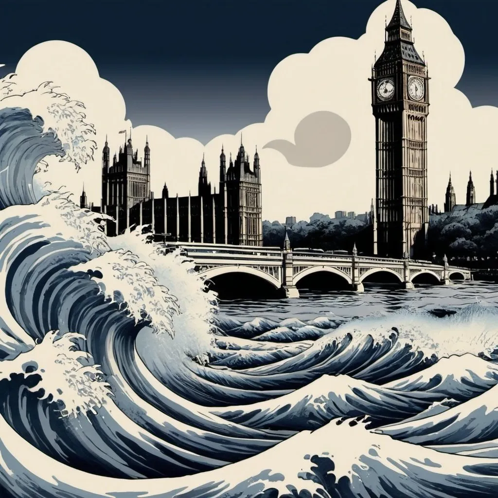 Prompt: river thames view with Big Ben and big wave in Hokusai style.  more please