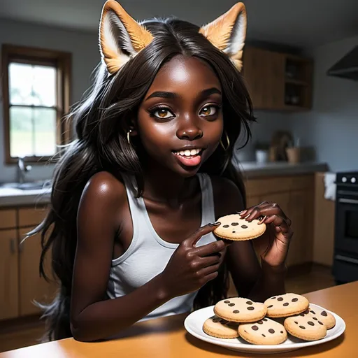 Prompt: Dark skin wolf girl eating cookies 