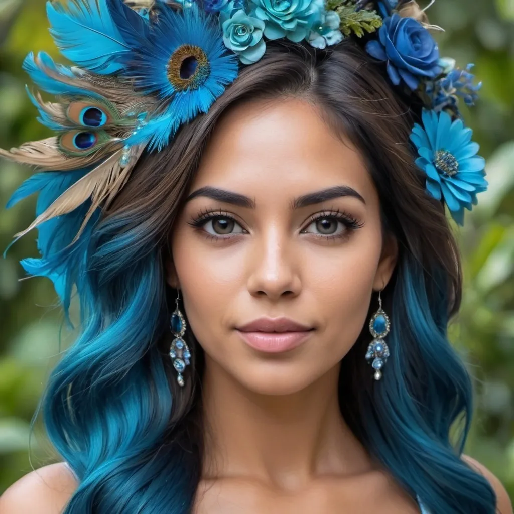 Prompt: Un rostro de mujer hermosa colombiana de cabello muy largo castaño con una corona grande de flores azules y aguamarina en el cabello. Su top es de lentejuela azul y tiene plumas de pavo real en el estampado. El fondo es azul con flores