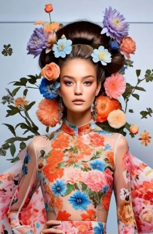 Prompt: Face of carolina guzman fashion designer with blue flowers in her hair