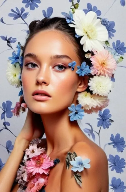 Prompt: Face of carolina guzman fashion designewomr with blue flowers in her hair