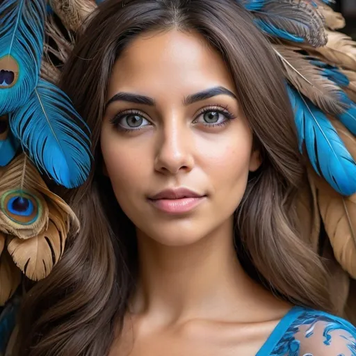 Prompt: Un rostro de mujer hermosa colombiana de cabello castaño claro, ojos cafe oscuros. Con flores azules  en el cabello suelto. Su blusa es destapada y tiene plumas de pavo real en el estampado