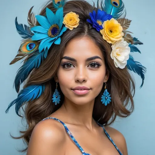 Prompt: Un rostro de mujer hermosa colombiana de cabello muy largo castaño claro. Lleva en su cabeza una corona grande de flores azules y aguamarina en el cabello. Su blusa es sin hombros azul y tiene plumas de pavo real en el estampado. El fondo es azul con flores