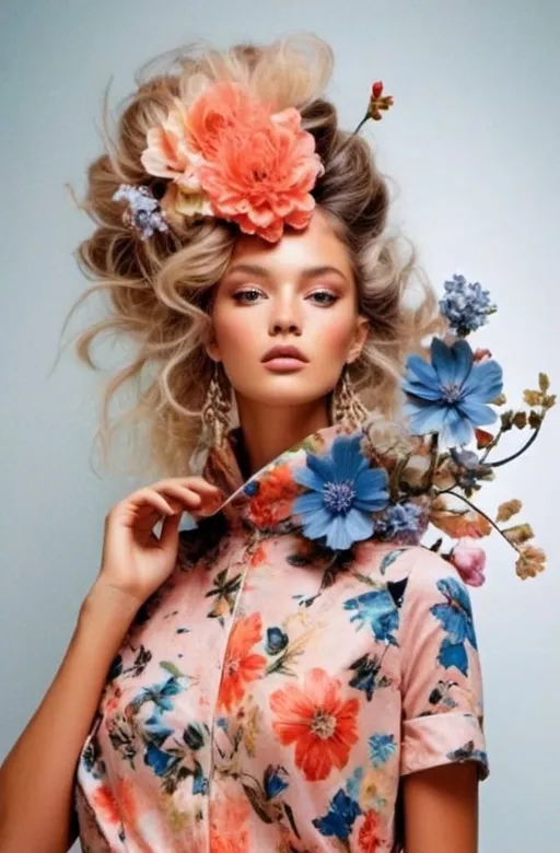 Prompt: Face of carolina guzman fashion designewomr with blue flowers in her hair