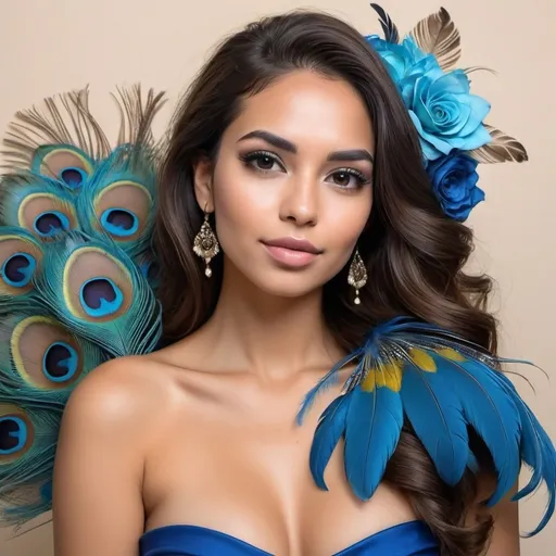 Prompt: Un rostro de mujer hermosa colombiana de cabello muy largo castaño con una corona grande de flores azules y aguamarina en el cabello. Su blusa es strapless azul y tiene plumas de pavo real en el estampado. El fondo es azul con flores