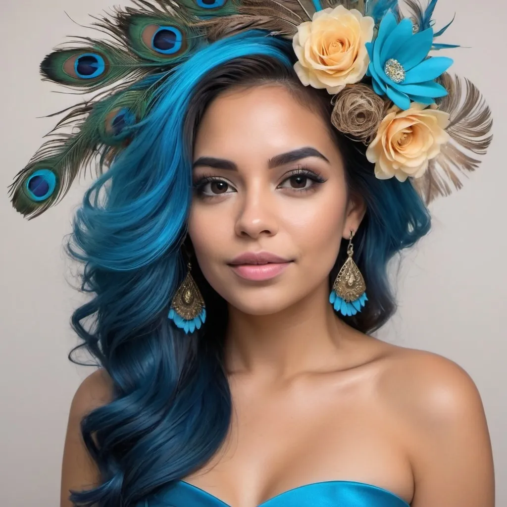 Prompt: Un rostro de mujer hermosa colombiana de cabello muy largo castaño claro con una corona grande de flores azules y aguamarina en el cabello. Su blusa es strapless azul y tiene plumas de pavo real en el estampado. El fondo es azul con flores