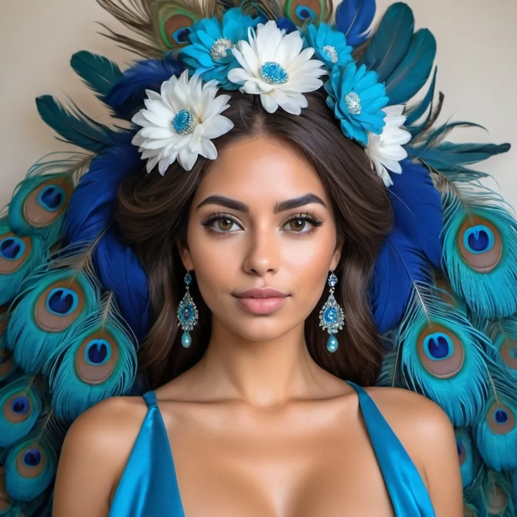 Prompt: Un rostro de mujer hermosa colombiana de cabello muy largo castaño con una corona grande de flores azules y aguamarina en el cabello. Su vestido es en cuello v es azul y tiene plumas de pavo real en el estampado. El fondo es azul con flores