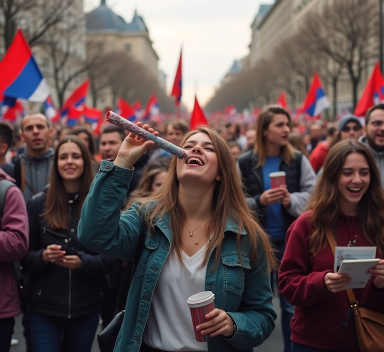 Prompt: big crowd of Serbian college students marching in protest through city, carrying books, whistles, vuvuzelas, flags of Serbia and singing, laughing, chanting, making noise.