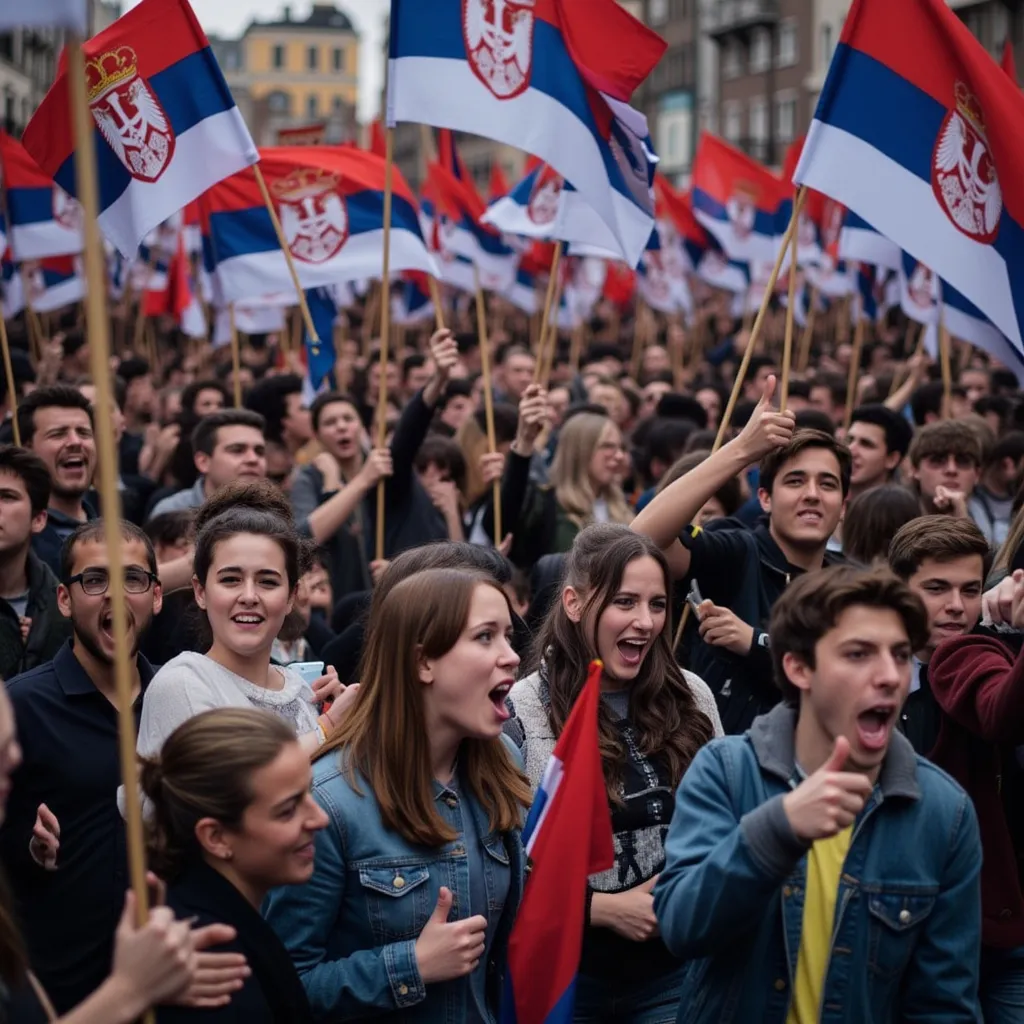Prompt: big crowd of Caucasian college students marching in protest through city, carrying flags of Serbia and singing, laughing, chanting, making noise.
