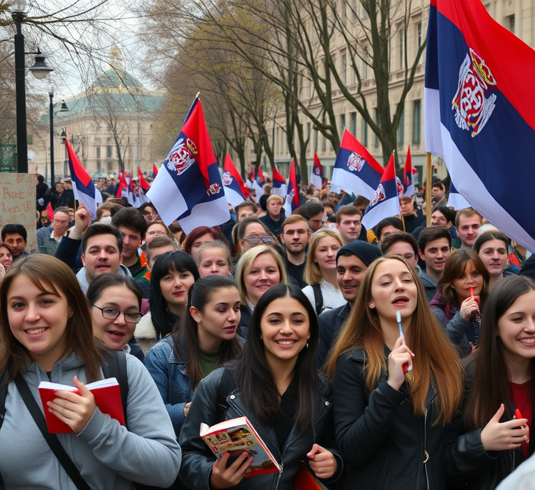 Prompt: big crowd of Serbian college students marching in protest through city, carrying books, whistles, vuvuzelas, flags of Serbia and singing, laughing, chanting, making noise.