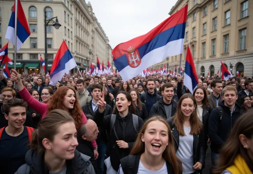 Prompt: big crowd of Caucasian college students marching in protest through city, carrying flags of Serbia and singing, laughing, chanting, making noise.
