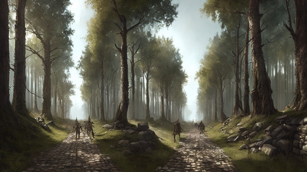 Prompt: middle ages times the hunters or wild hunters walking the forest road or bricks birdge. they have arrow and other weapon hanging their backs. perspective view vanishing point is front. this painting is game or cinema concept art.
