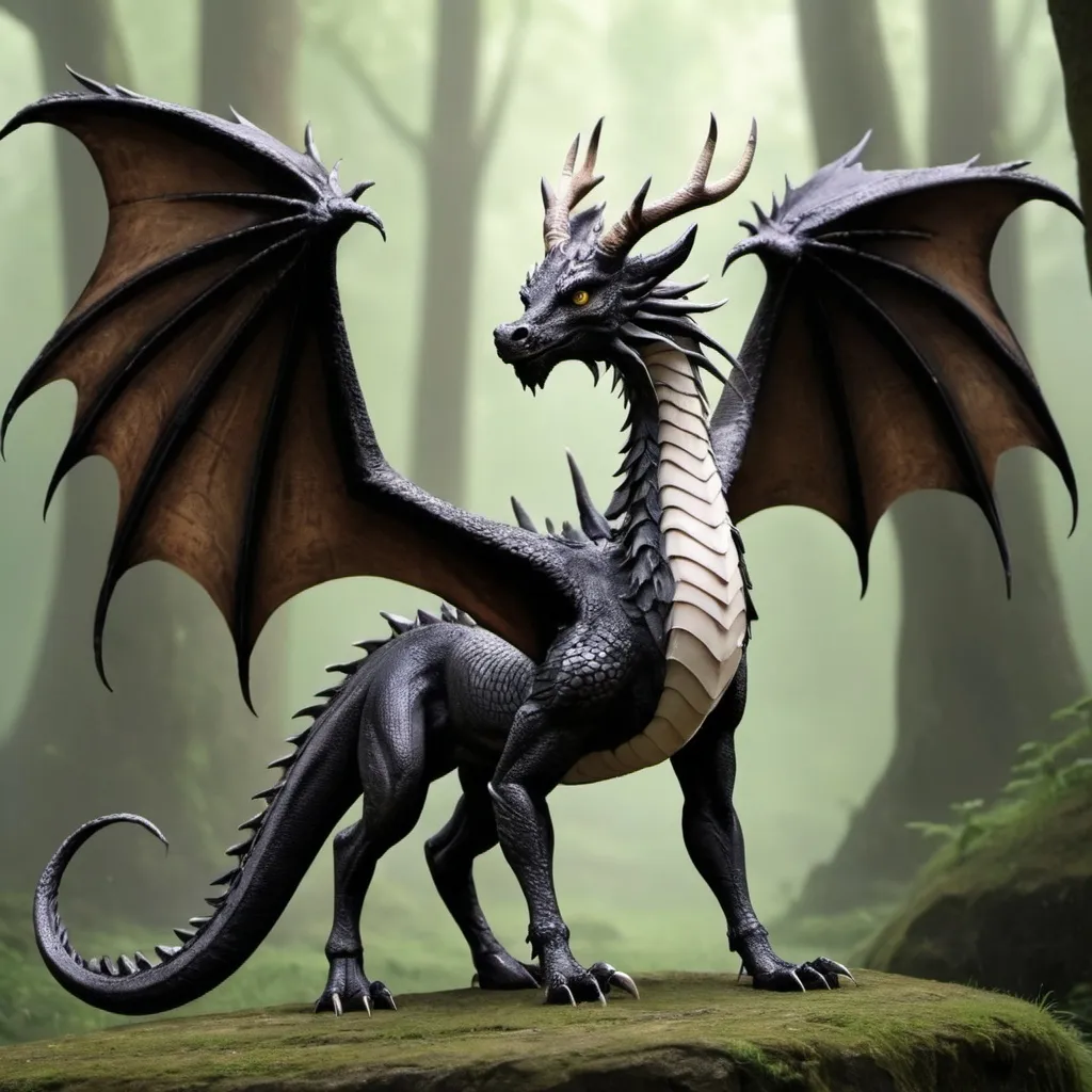 Prompt: Dragons breed with deer. It has the head of a dragon but the horns of a deer. And it has a tail like a phoenix bird, has 4 legs, and wings, standing beautifully.