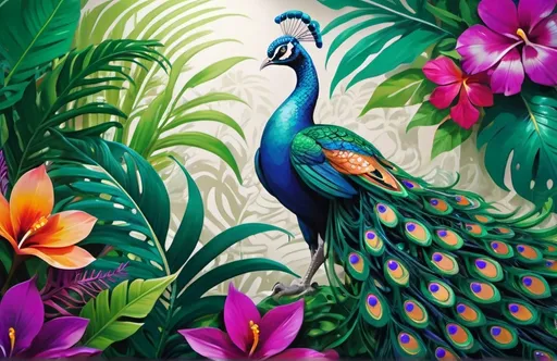 Prompt: (abstract wall art mural), tropical flowers, peacocks, exotic birds, interwoven with abstract patterns, rhythmic lines, vibrant colors of emerald green, sapphire blue, and magenta, high contrast, energetic and joyful atmosphere, artistic masterpiece, lush jungle background, dynamic movement, high details, ultra-detailed, HD, vivid lighting, mesmerizing and captivating visuals, artistic flair, 4K resolution