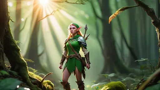 Prompt: Elf ranger in a mystical forest around sunlight