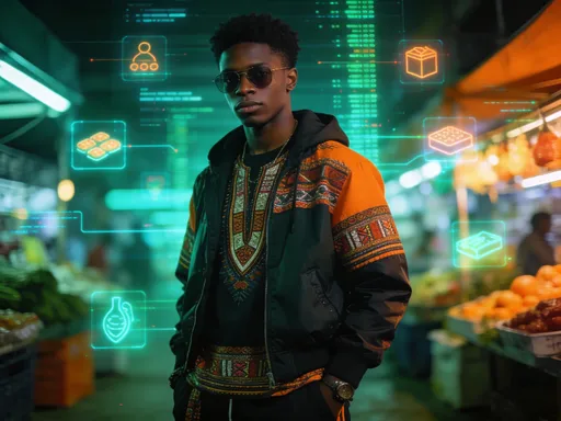 Prompt: "A cinematic medium shot of a stylish young Ethiopian entrepreneur standing confidently in a futuristic, neon-lit digital marketplace. He is wearing a blend of modern streetwear and traditional cultural patterns, looking cool and stoic. The background features blurred, glowing holographic data streams and floating market icons. Moody lighting, teal and orange color palette, 4k, hyper-realistic, high fashion commercial aesthetic, slow motion."