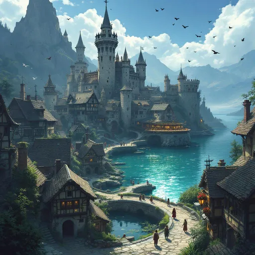 Prompt: Anime-manga cinematic wide-angle shot of the medieval fantasy city Arabuor, with stone cottages, crooked rooftops, narrow streets, and a massive fortress in the middle. A sparkling lake lies nearby with a tavern built directly on the water. Birds circle the fortress spires, townsfolk bustle in the streets. Cinematic depth of field, vibrant colors, atmospheric lighting.