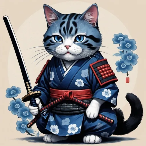 Prompt: samurai cat  blue happy cat with sword and traditional samurai 