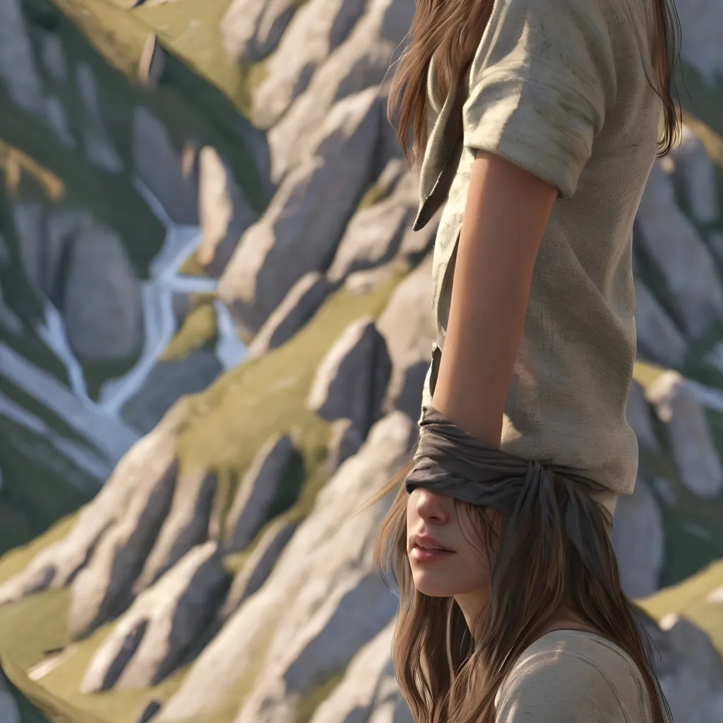 Prompt: Tall young woman walking down mountain , detailed clothing, realistic, natural lighting