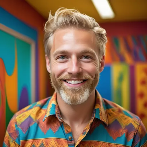 Prompt: A lively smile radiates from the man in the image, whose light blonde hair contrasts strikingly with his well-groomed beard, creating a charismatic and warm presence. His expressive brown eyes are bright and engaging, set against the backdrop of a blurred, colorful environment that hints at an indoor setting filled with vibrant hues. Dressed in a colorful shirt, the patterns of which seem to swirl around him, he leans slightly forward, exuding confidence and approachability. Soft lighting highlights his facial features, creating an inviting atmosphere that suggests a moment of joy or camaraderie. The overall mood is cheerful and friendly, encapsulating a moment that feels both personal and lively.