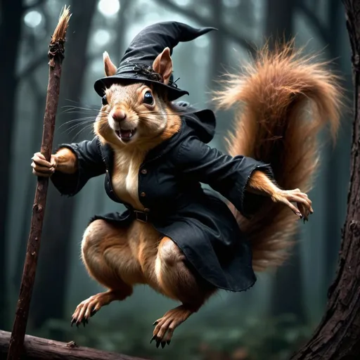 Prompt: Muscular dangerous squirrel witch flying on a broomstick, dark and mysterious forest setting, high quality, detailed fur, magical realism, intense gaze, fantasy, dark tones, atmospheric lighting