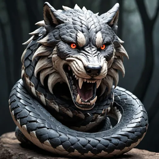 Prompt: Legendary snake with a wolf's head."