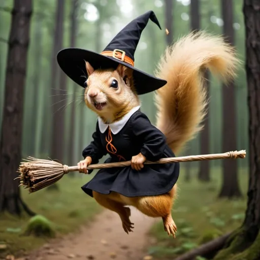 Prompt: Blonde Romanian squirrel witch flying on a broomstick through the forest