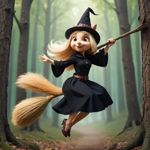 Prompt: Elena a Blonde Romanian squirrel witch flying on a broomstick through the forest