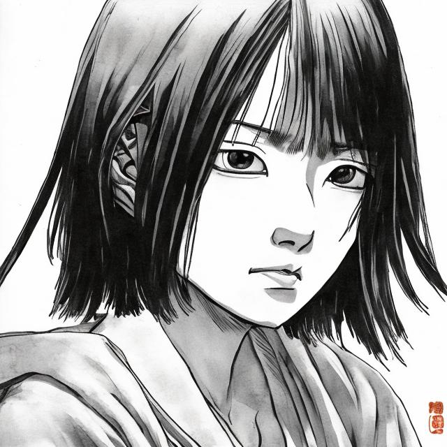 Prompt: Japanese woman with a hime haircut in vagabond manga by takehiko inoue, black ink