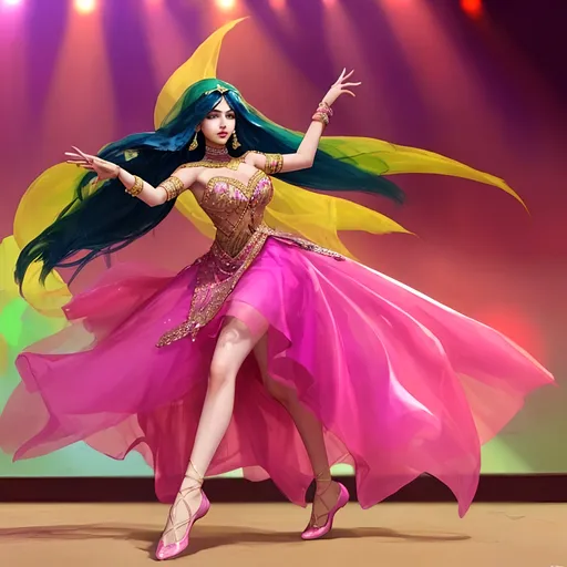 Prompt: An Iraqi Arab woman wearing bright colored clothes and dancing ballet