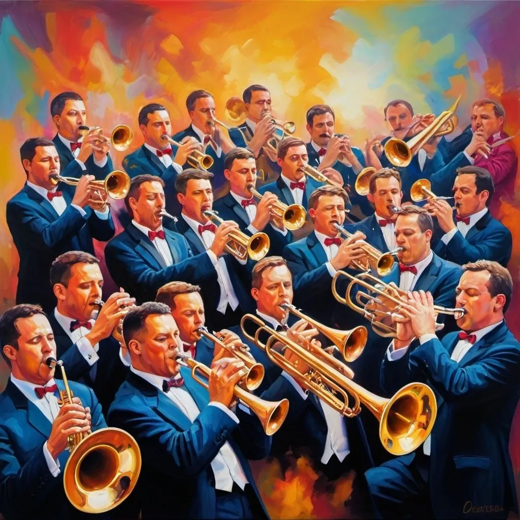 Prompt: oil painting of a big band with with trumpets in bright colors