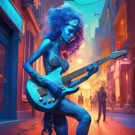 Prompt: (tall young monster blue woman), vibrant color scheme, (surrealism style), playing guitar, high street background, extensive futuristic clothing with intricate designs, lively atmosphere, whimsical elements, dynamic poses, soft illuminated lighting, (ultra-detailed), captivating visuals, dream-like scene blending reality and fantasy, imaginative perspective.