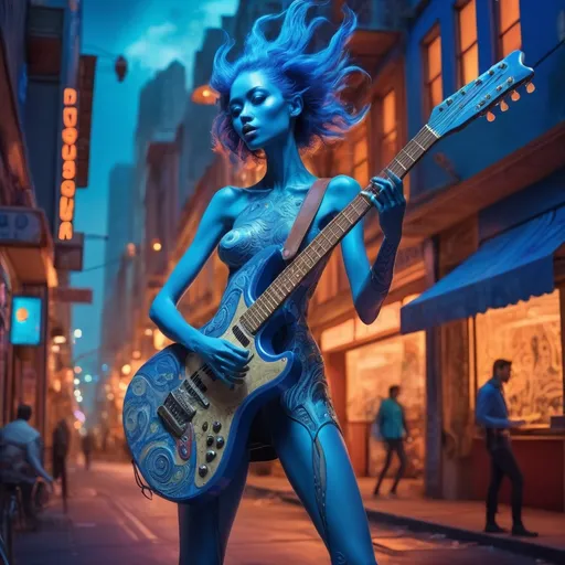 Prompt: (tall young monster blue woman), vibrant color scheme, (surrealism style), playing guitar, high street background, extensive futuristic clothing with intricate designs, lively atmosphere, whimsical elements, dynamic poses, soft illuminated lighting, (ultra-detailed), captivating visuals, dream-like scene blending reality and fantasy, imaginative perspective.