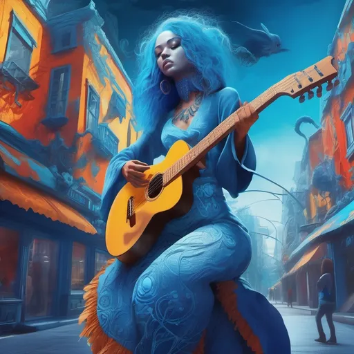 Prompt: (tall young monster blue woman), vibrant color scheme, (surrealism style), playing guitar, high street background, extensive futuristic clothing with intricate designs, lively atmosphere, whimsical elements, dynamic poses, soft illuminated lighting, (ultra-detailed), captivating visuals, dream-like scene blending reality and fantasy, imaginative perspective.