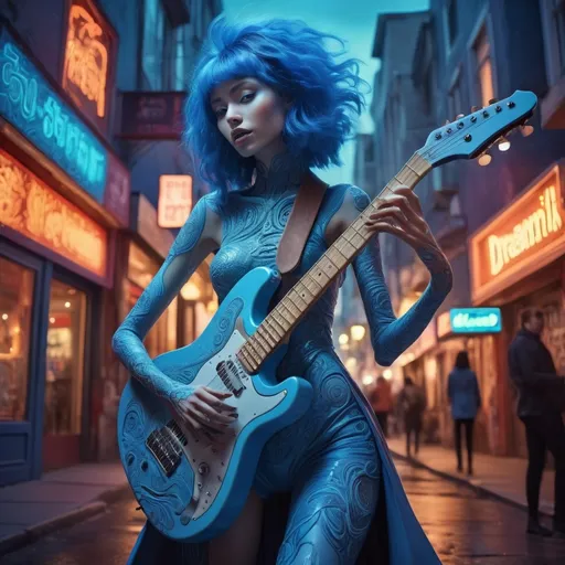 Prompt: (tall young monster blue woman), vibrant color scheme, (surrealism style), playing guitar, high street background, extensive futuristic clothing with intricate designs, lively atmosphere, whimsical elements, dynamic poses, soft illuminated lighting, (ultra-detailed), captivating visuals, dream-like scene blending reality and fantasy, imaginative perspective.