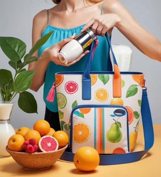 Prompt: (detailed product photo) a woman placing a modern juicer into a stylish bag, vibrant basket overflowing with assorted fruits beside her, an elegant cup of milk, (Annabel Kidston-inspired) neoplasticism style, bright and playful colors, crisp contrast, clean composition, (stock photo) high-quality and well-lit scene, (minimalist background) subtly enhancing the vibrant elements.